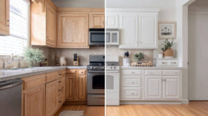 split view of kitchen with old cabinets and freshly painting cabinets