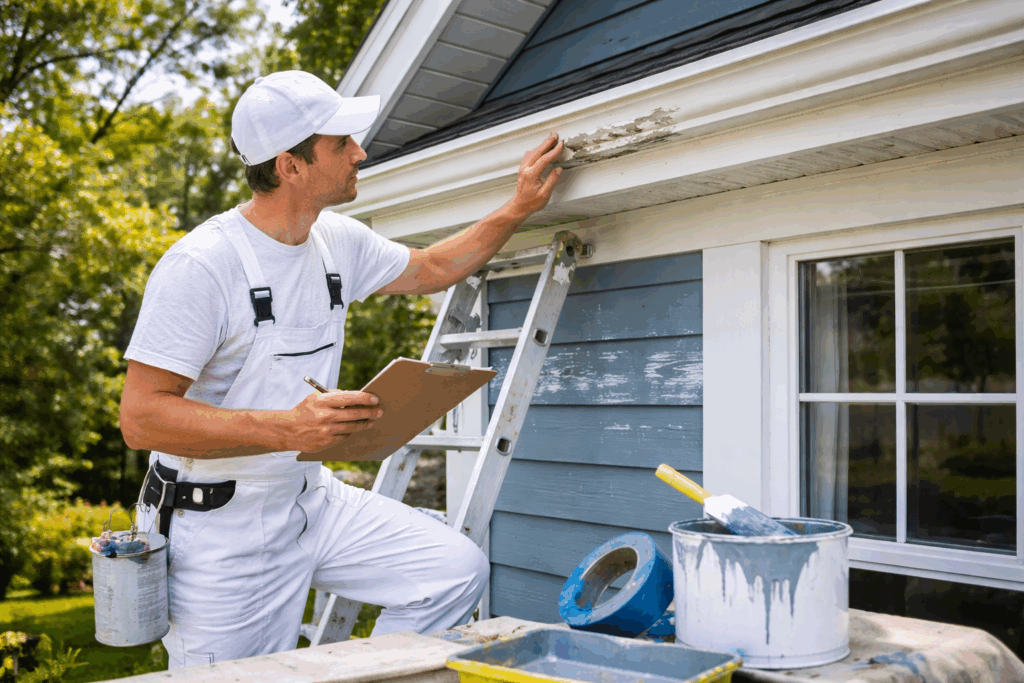professional painter touching up and inspecting house exterior paint job