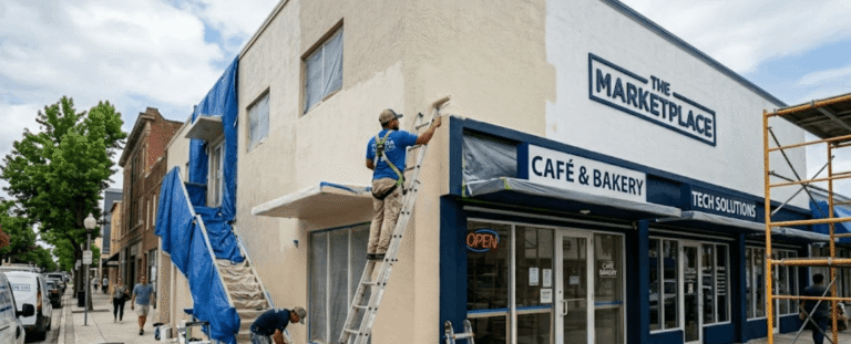 Worker on a ladder painting the beige storefront facade beside a blue trim and 'CAFÉ & BAKERY' sign, renovation in progress on storefronts along a city street.