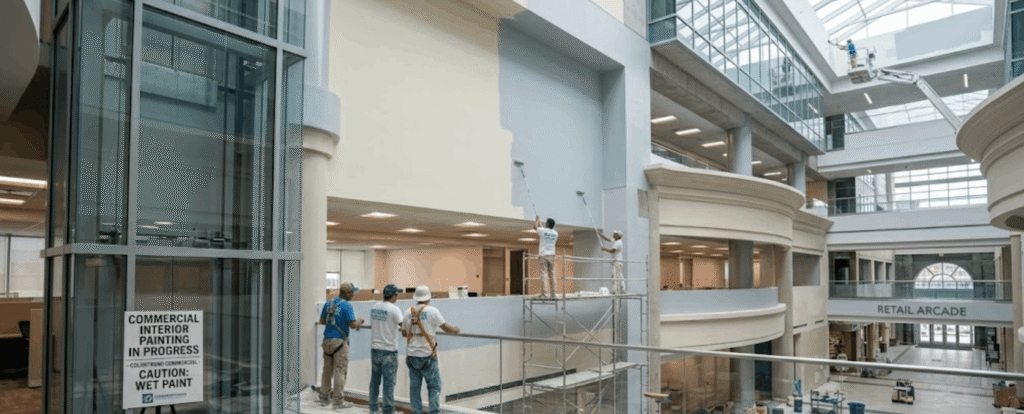 Retail interior under renovation: workers paint walls on scaffolding in a shopping mall arcade.