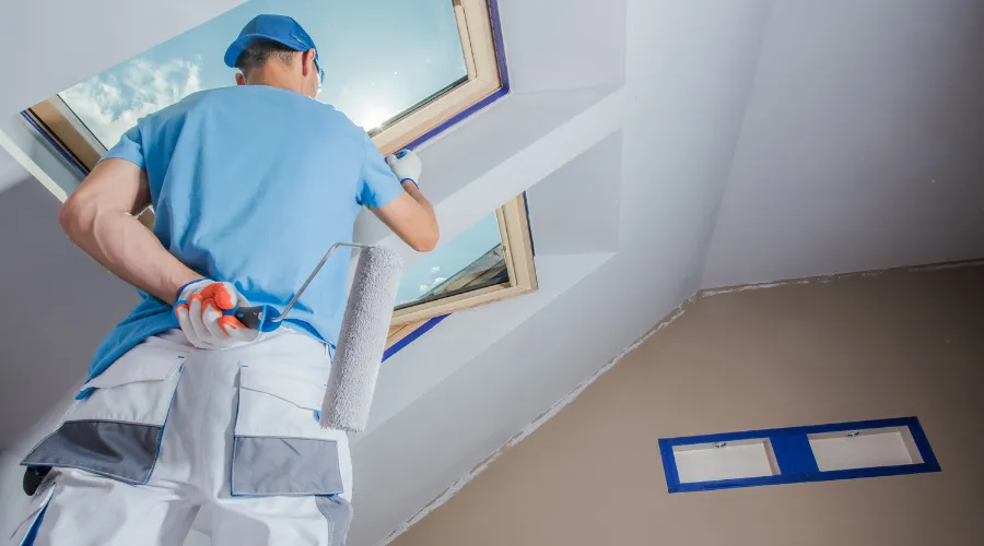 Painter in blue uniform rolling white paint on a slanted ceiling near a skylight