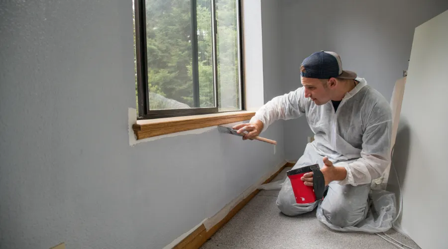 A worker kneels by a window, applying plaster along the baseboard with a trowel while holding a bucket.