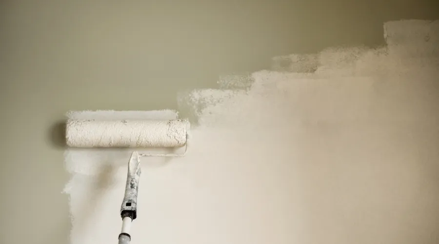 Paint roller applying white paint to a wall with a pale green background, showing a work-in-progress finish.